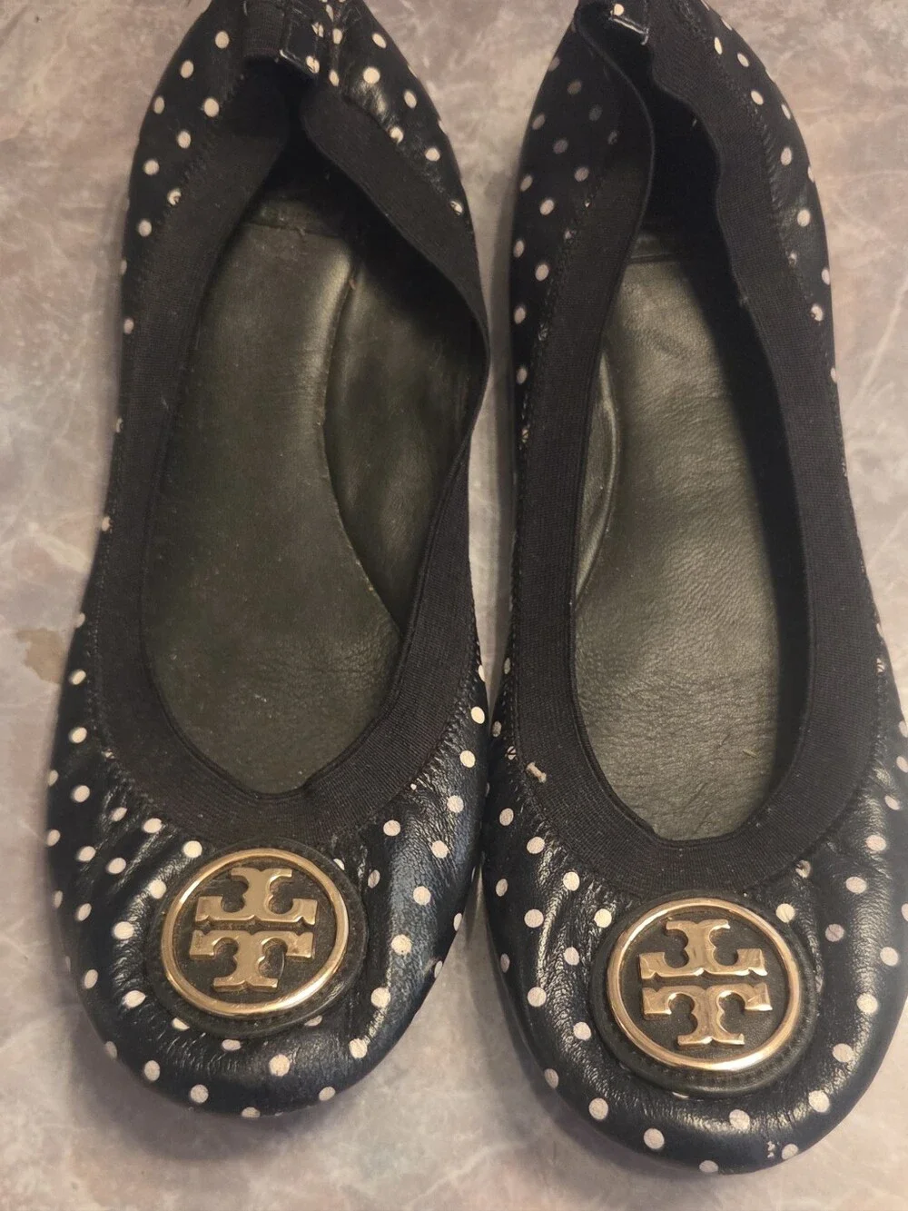 Tory Burch Black Polka Dot  Ballet Flats with Gold Logo